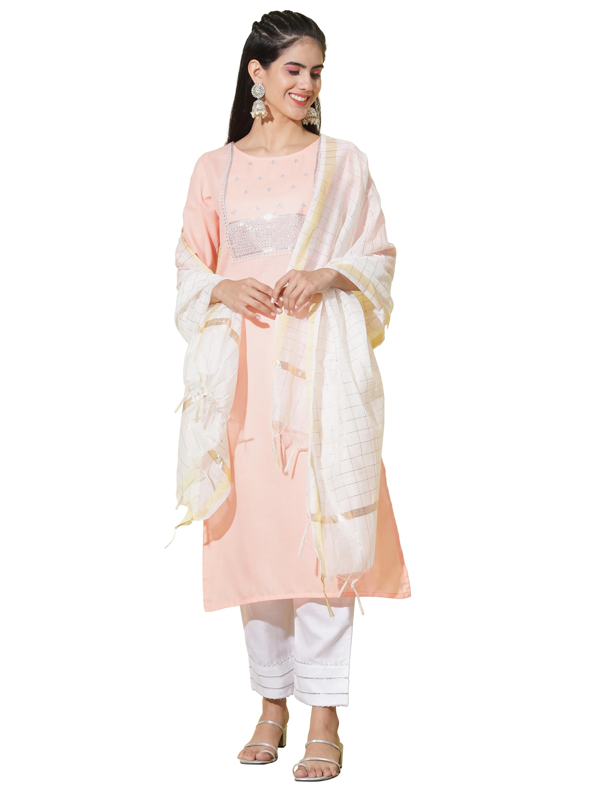 VredeVogel Women's Cotton Blend Straight Embroidery Work Kurta with Pant and Chanderi Dupatta