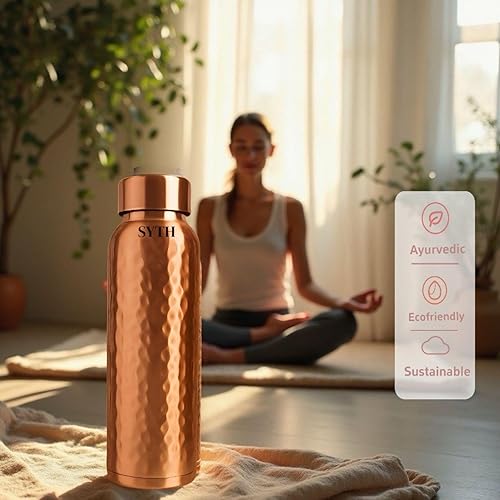 Miniatura 8 de SYTH Botella de agua de cobre 100% puro con bolsa de lona, 34 onzas a prueba de fugas, recipiente de cobre ayurvédico hecho a mano para salud y