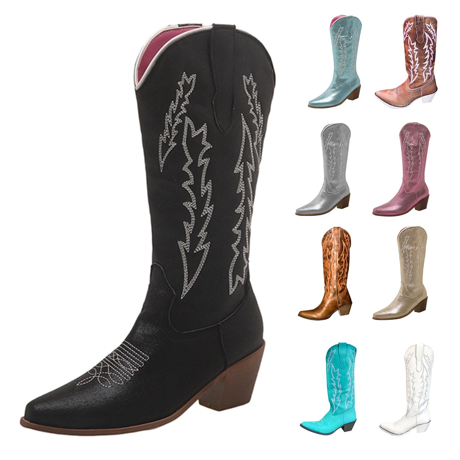 Stivali da cowboy da donna, vestibilità larga, tacco medio, retrò, a punta, stile country, stile casual, ricamati in stile country, stivali classici da donna, in pelle, per feste e balli
