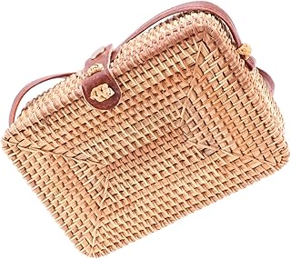 OATIPHO Rattan Bag Woven Handbag Small Tote Bag Square Basket Handbag with Leather Strap Woven Rattan Purse Women Woven Rattan Handbag Woven Rattan Crossbody Bag Hand Woven Rattan Bag Miss