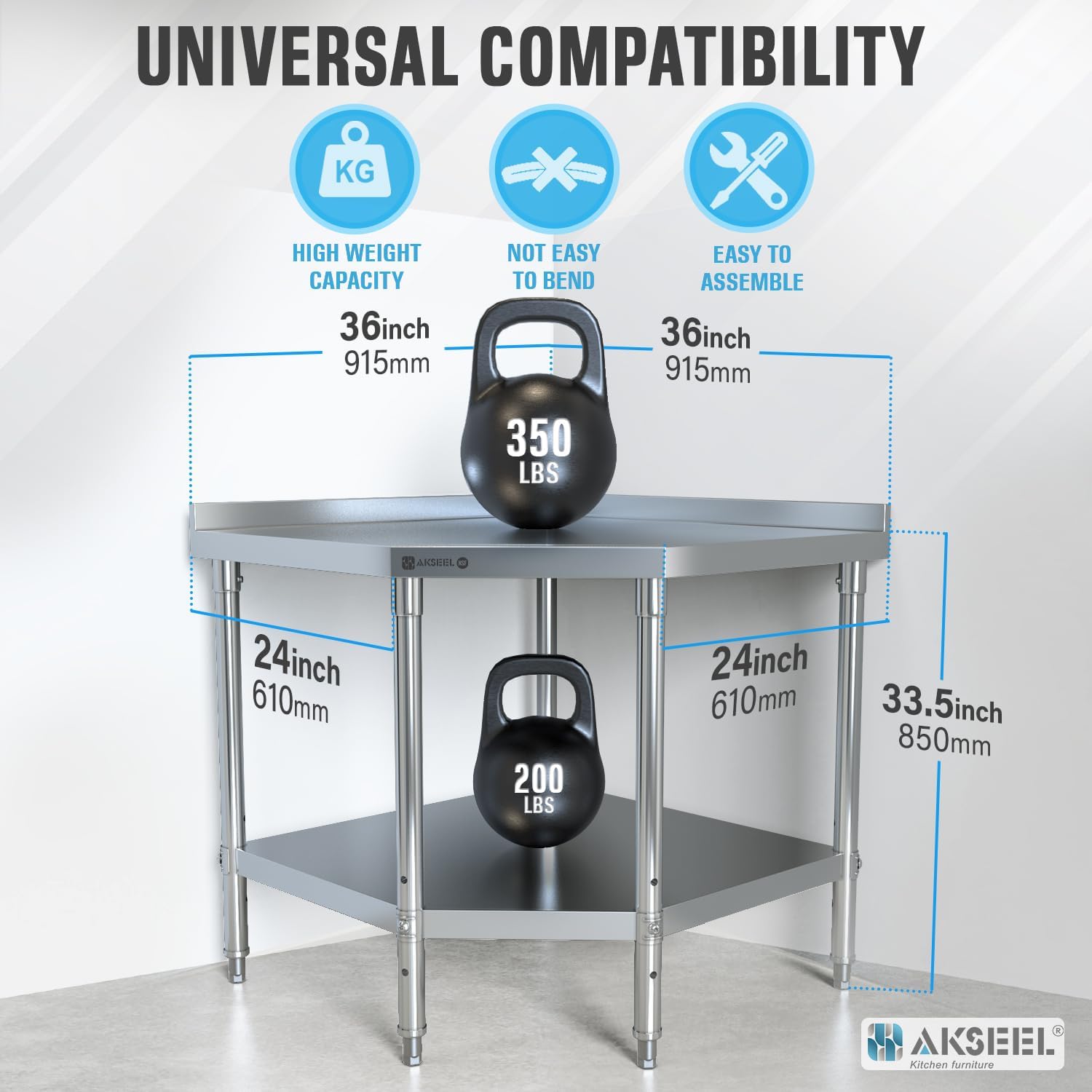 Corner Stainless Steel Work Table - Food Prep Tables for Commercial Kitchen - NSF Metal Heavy Duty Workbench with Backsplash - Cooking Chef Work Bench for Restaurant - 36"x36" Working Station