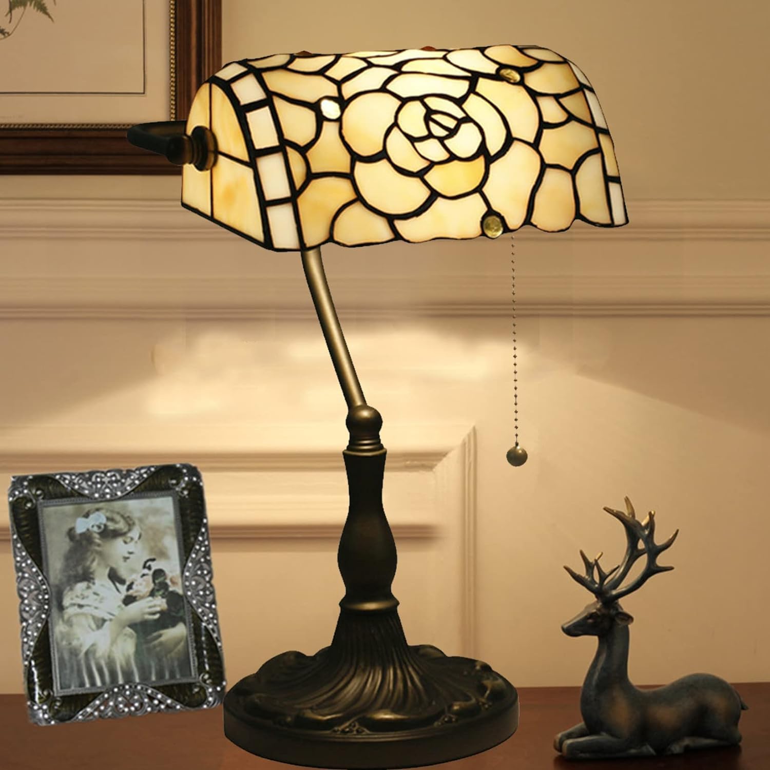 Lampa bankierska w stylu Tiffany'ego lampa na biurko czerwona różowa róża koliber witraż lampa stołowa 15 "wysoka luksusowa regulowana lampa fortepianowa dla kochanka dziewczyna pani salon sypialnia,