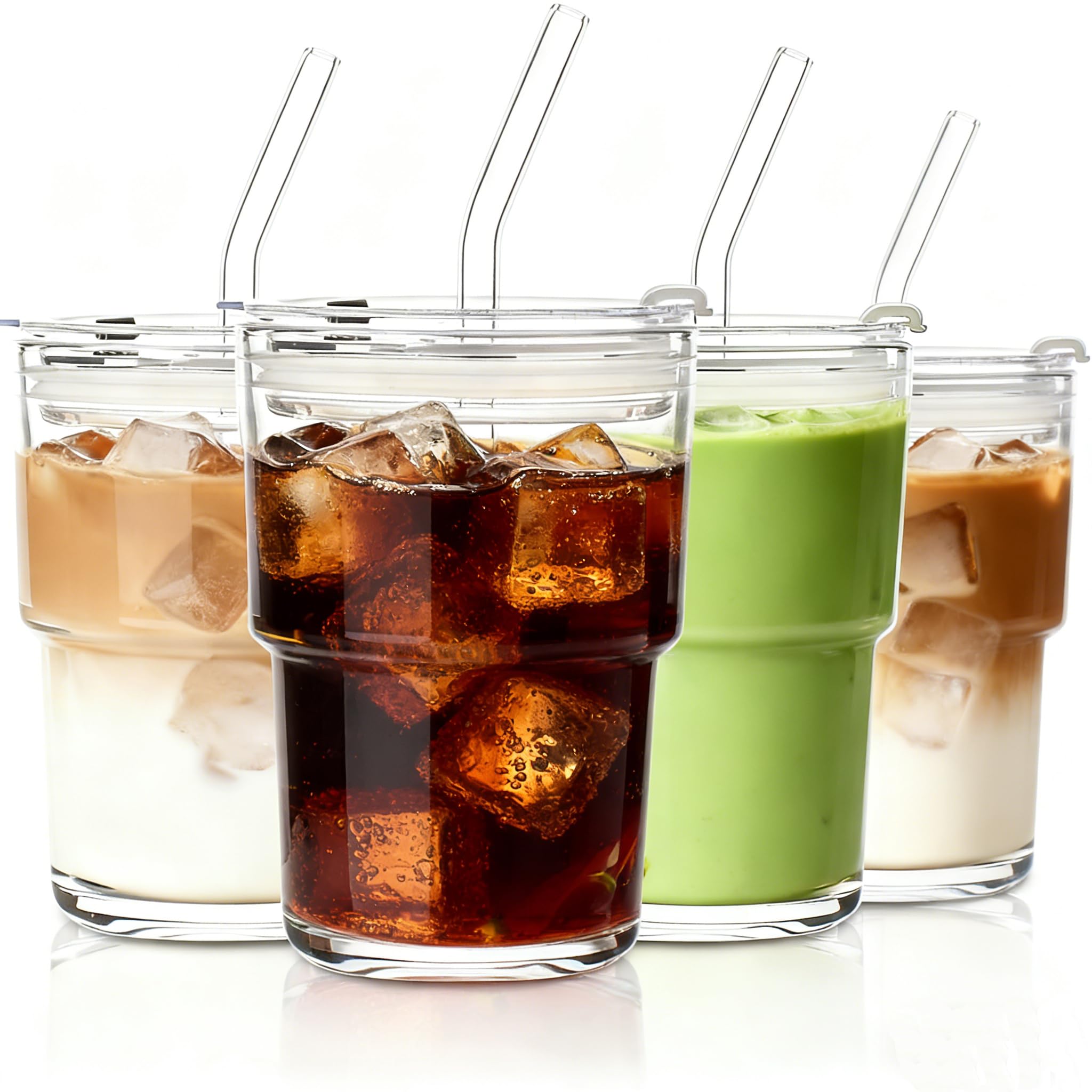 ALINK 4 Pack 450ML Glass Tumblers with Lids and Straws Glassware Matcha Cups Set, Clear Thick Wall Matcha Iced Coffee Glass to Go for Smoothie Tea Soda Juice
