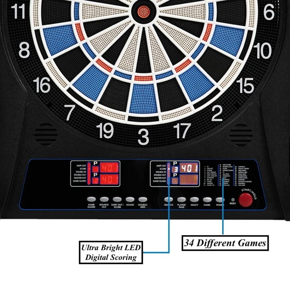 Electronic Dartboard Cabinet 12 Soft Tip Darts with Extra 40 Spare Tips Pre-Assembled Wall Mounted Design Built-in Dart Holsters Smart Dartboard Scoring 4 LED Display 34 Different Games