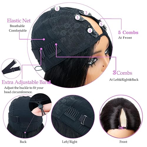 Miniatura 4 de Xagujpo Pelucas de cabello humano virgen brasileño ondulado con parte en V, para mujeres negras, pelucas mejoradas con parte en U, sin pegamento,