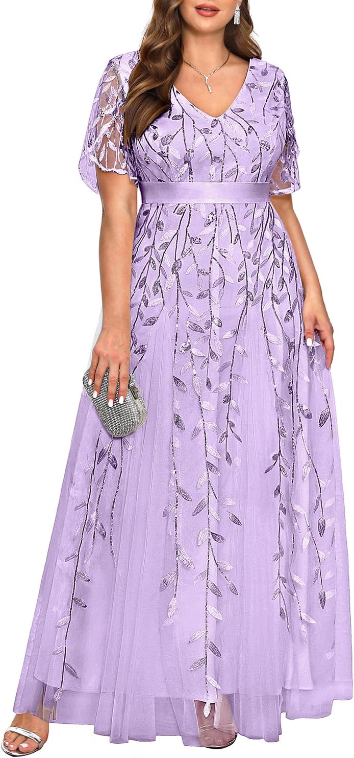Pinup Fashion Plus Size Formal Dresses - Evening Gowns Wedding Sequin Embroidery V-Neck Prom Long Dress