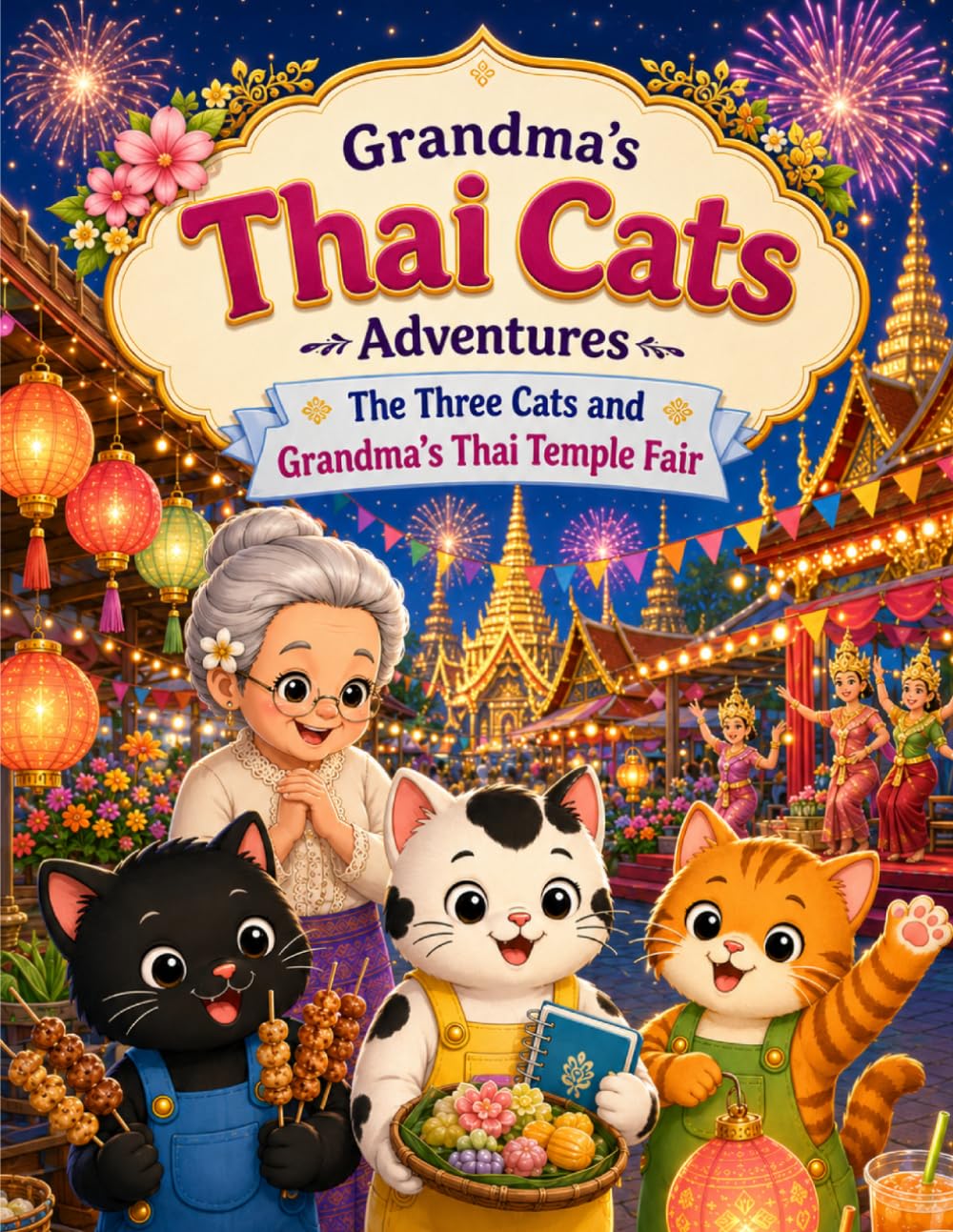 The Three Cats and Grandma's Thai Temple Fair: A Cute Cat Adventure and Thai Culture Coloring Book for Kids and Adults (Grandma's Thai Cats Adventures)