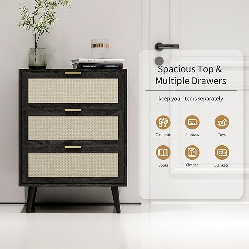 Miniatura 10 de vistavie Mesita de noche de ratán con 2 cajones, mesa auxiliar de madera de ratán tejido, mesa auxiliar rústica con almacenamiento, para sala de