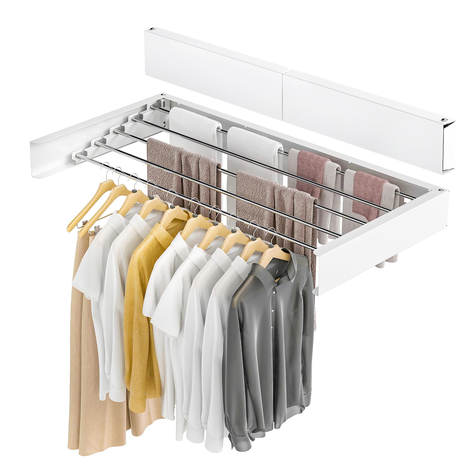 GROWNEER 80 cm x 40 cm x 10cm Wall Mounted Clothes Airer Retractable Foldaway Laundry Clothes Drying Rack 30kg Capacity With 5 Rods for Indoor Outdoor Saving Space (White)