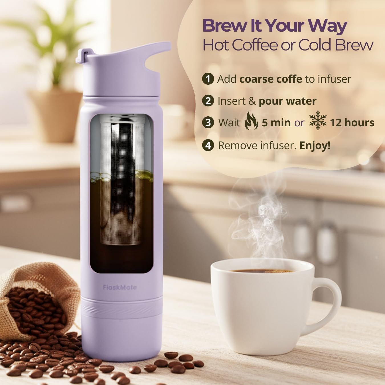Tea Infuser Bottle & Cold Brew Travel Bottle – 18oz Insulated Flask with Storage, Filter & Dual Lids – For Work, Wellness & Gym – FLASKMATE All-in-One System (Mystic Lilac) - Image 4