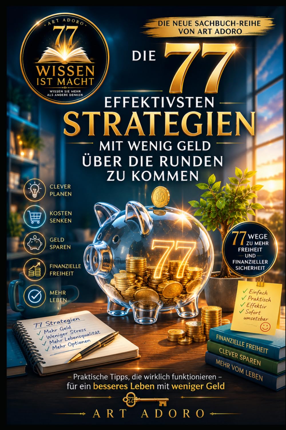 Buchcover: "Die 77 effektivsten Strategien, mit wenig Geld über die Runden zu kommen" von Art Adoro