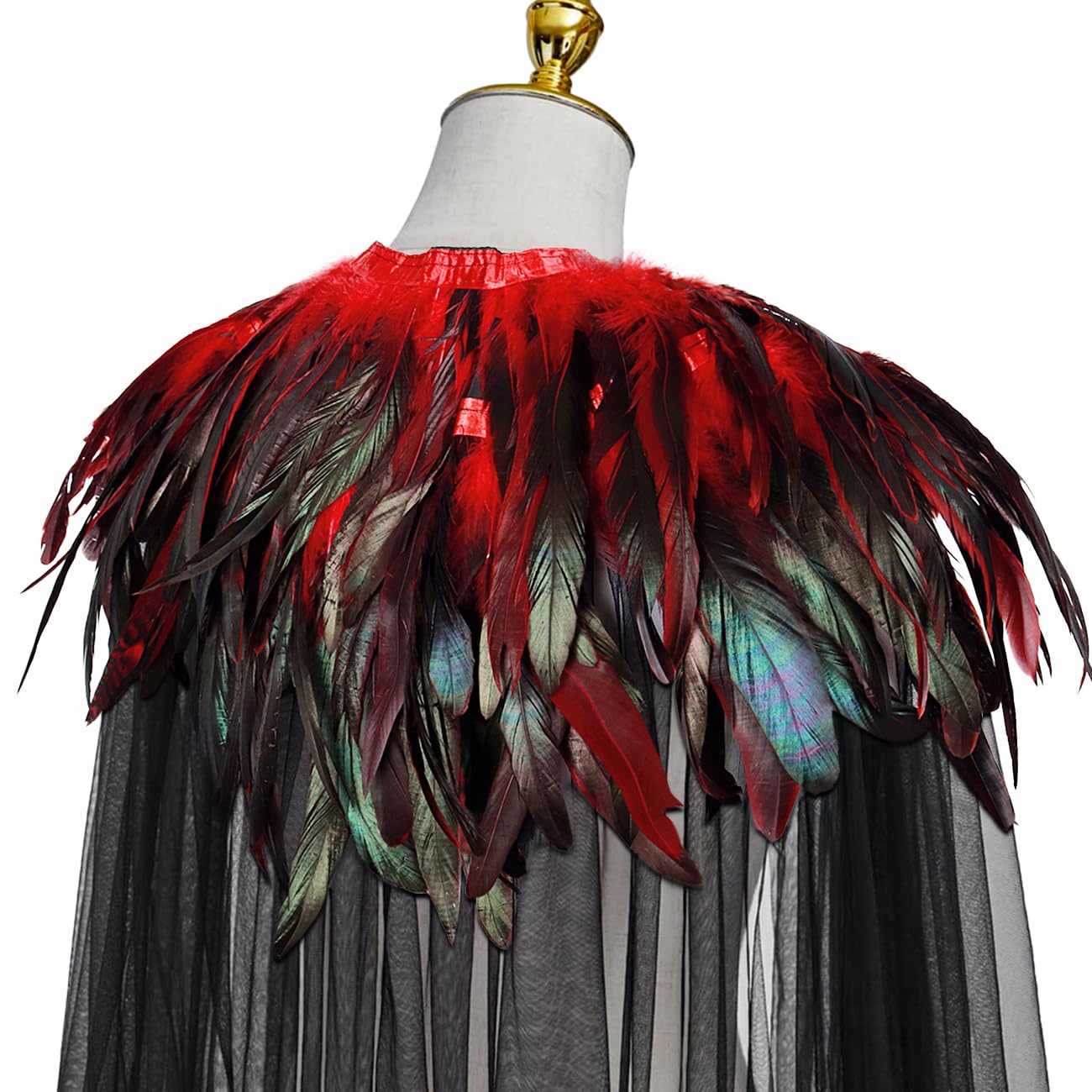 keland Cape Tulle Noir avec Châle à Col de Plumes Déguisement Maléfique Halloween (Rouge)