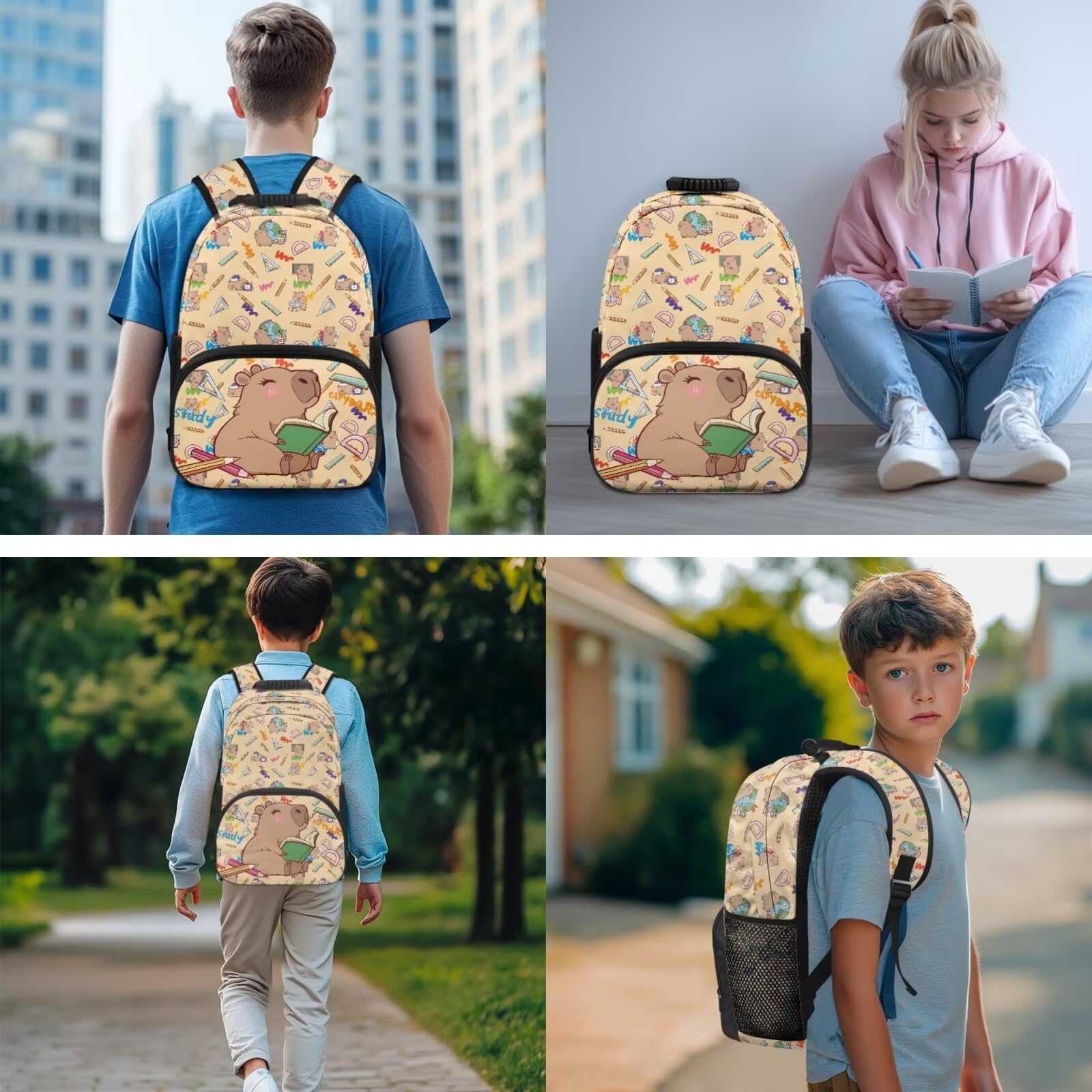 Renewold 5-teiliges Schulranzen-Set für Mädchen, Rucksack für Kinder, Teenager, Rucksack mit Lunchbox, Federmäppchen, Lesezeichen, für Grundschule und Mittelschule, Niedliches Capybara-Schreibwaren