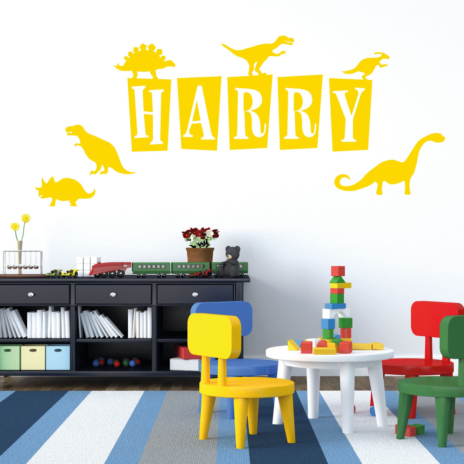 Personalised Name - Dinosaurs, T-Rex, Apatosaurus, Jurassic Era - Children's Bedroom Vinyl Wall Decal Sticker [Medium] [Medium Yellow]