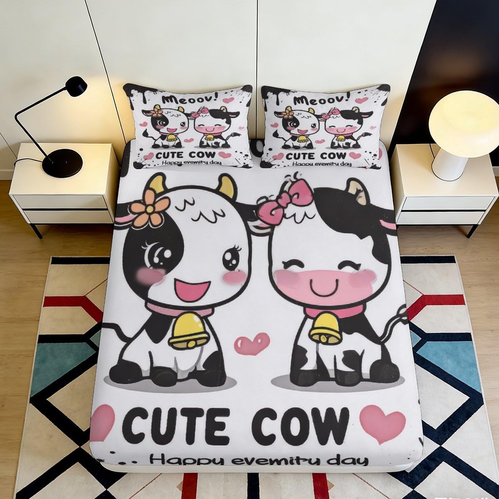 3D Printed Cute Cow Pattern Fitted Sheet Microfiber Deep Pocket Elastic Hem Bedroom Bedding Cartoon Mattress Fitted Cover 200x200x25cm