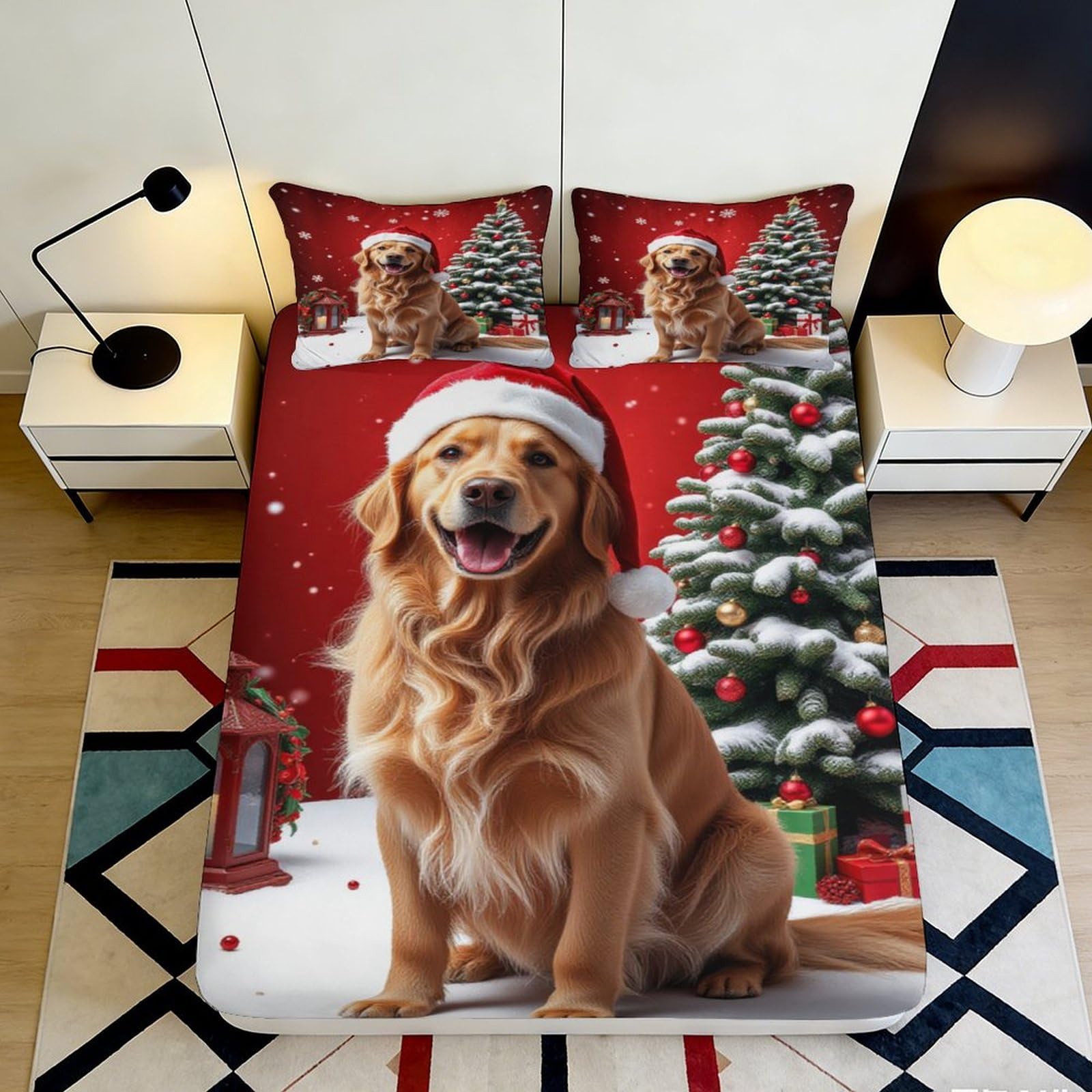 3D Printed Christmas Dog Fitted Sheet Microfiber Festive Tree Mattress Cover for Bedroom Guest Room Decor 90x200x25cm