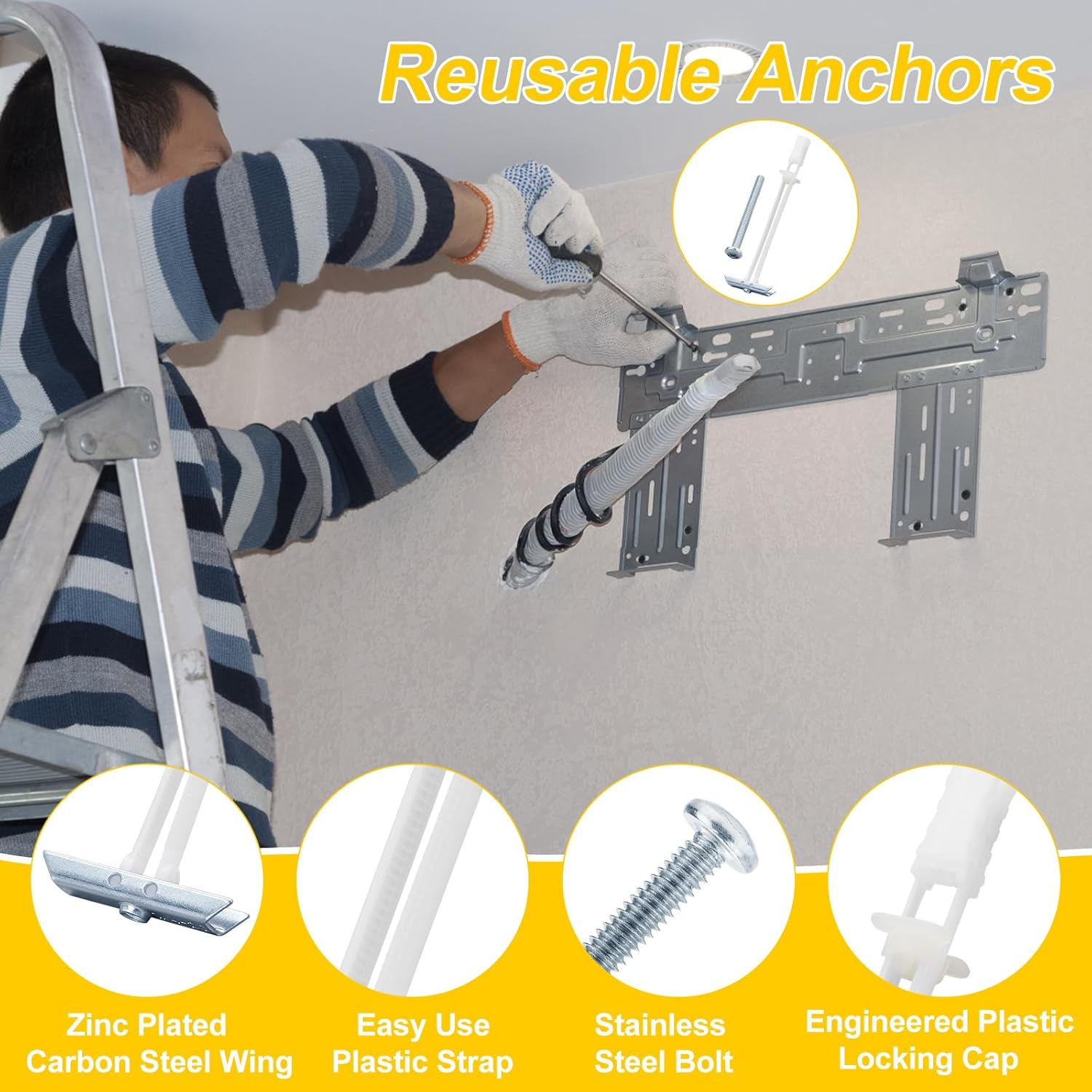 Heavy Duty Drywall Anchor Bolts with 1/4"-20 Fastener Suitable for TV Mounting Hollow Wall Anchor Bolt Screw Kit Supports Up to 270 lbs Each on 1/2 Inch Drywall Pack of 42