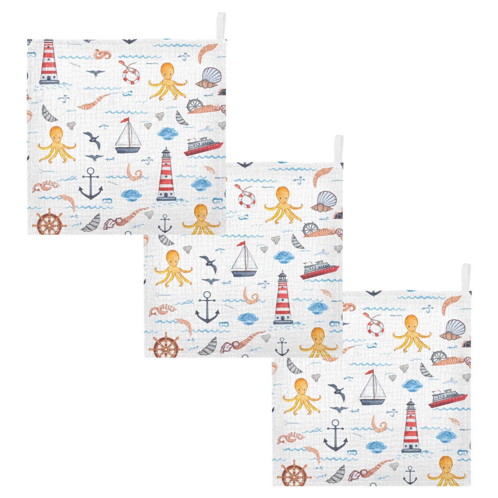 Jumbear Men's A Nautical Themed Pattern Muslin Baby Washcloths 5Pack,Baby Towels,Super Soft Nd Bsorbent Wash Cloths For Newborns, Infants Nd Toddlers