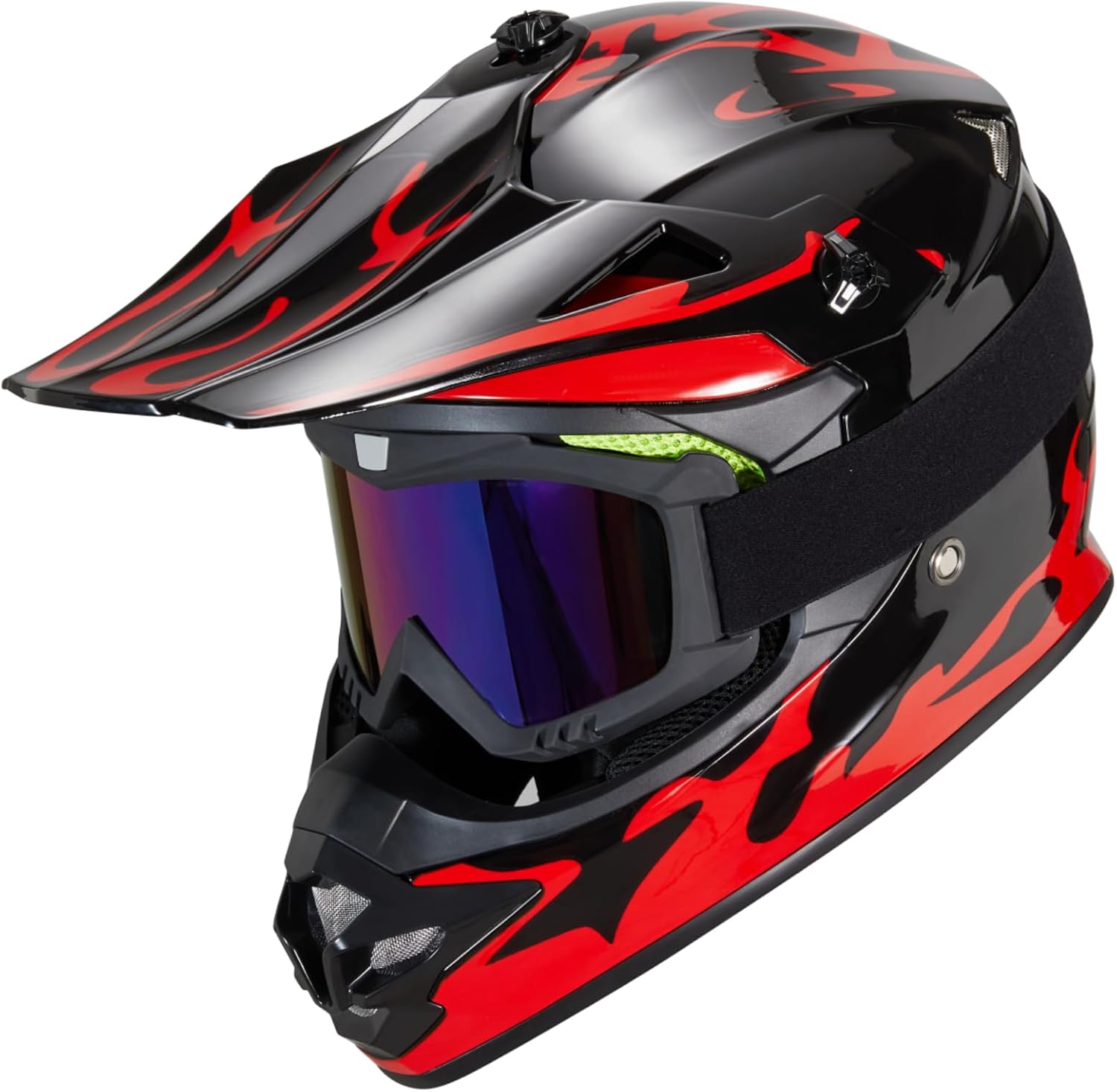 youth kids dirt bike helmet for boys & girls,f001 full face motorcycle helmet for off-road atv street riding four wheeler mountain bike with goggles gloves,dot approved red flame x-large