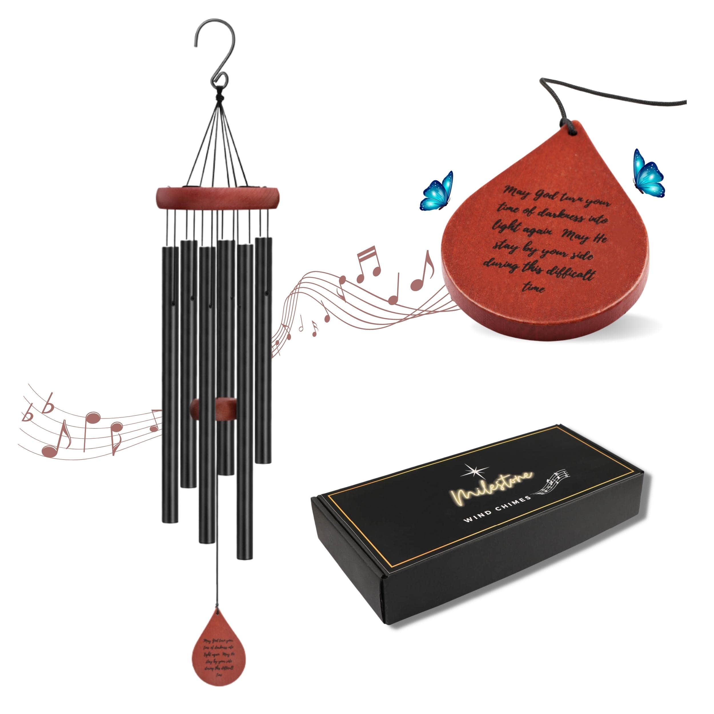 Milestone Wind Chimes Sympathy Chimes, Memorial for Loss of Loved One Prime, Bereavement/Condolence Remembrance/Memorial Gifts/Sympathy Gift in Memory One, Mother/Father/Pet, 32', Black, (MS01)