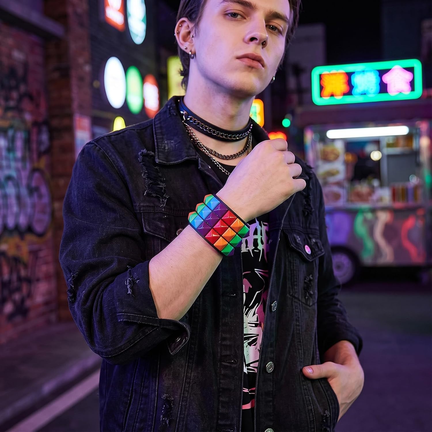 QCWN Checkered Studded Bracelet Emo Accessories Y2K Punk Goth Cuff image 5