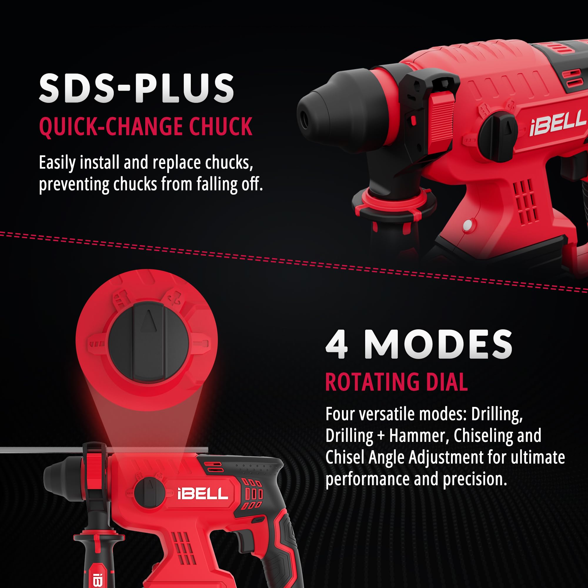 IBELL BH22-47 Brushless Rotary Hammer Drill, 20V with SDS Plus chuck, 0β1400 RPM, 2.2J impact energy, 4 modes for concrete, masonry, wood & steel with 4Ah battery, charger, BMC box & 1-year warranty. 4