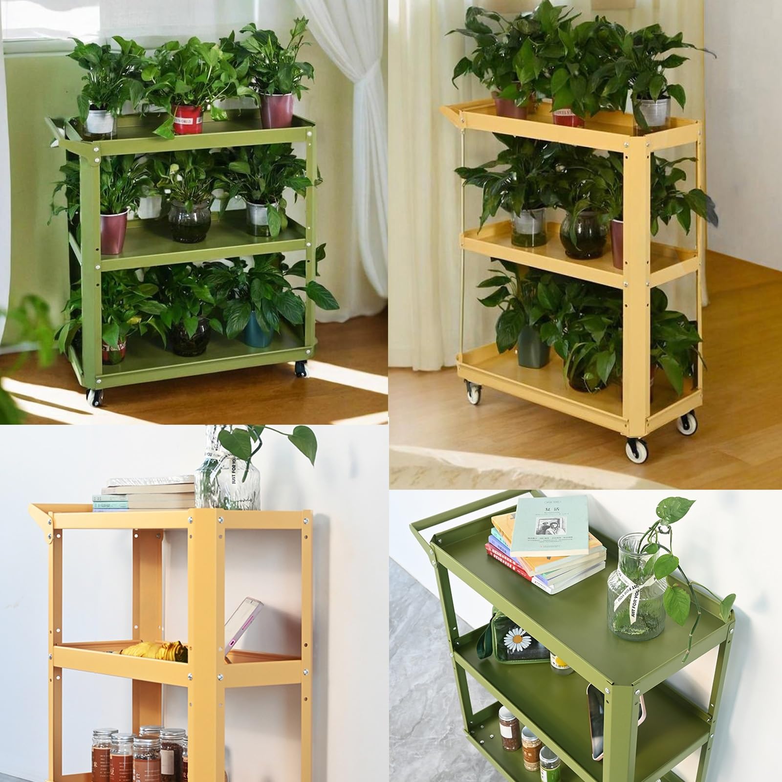 Carrito de herramientas rodante de 3 niveles, soporte de metal para exhibición de plantas con ruedas, ideal para garaje, taller, organización del hogar, perfecto para flores y accesorios de jardín