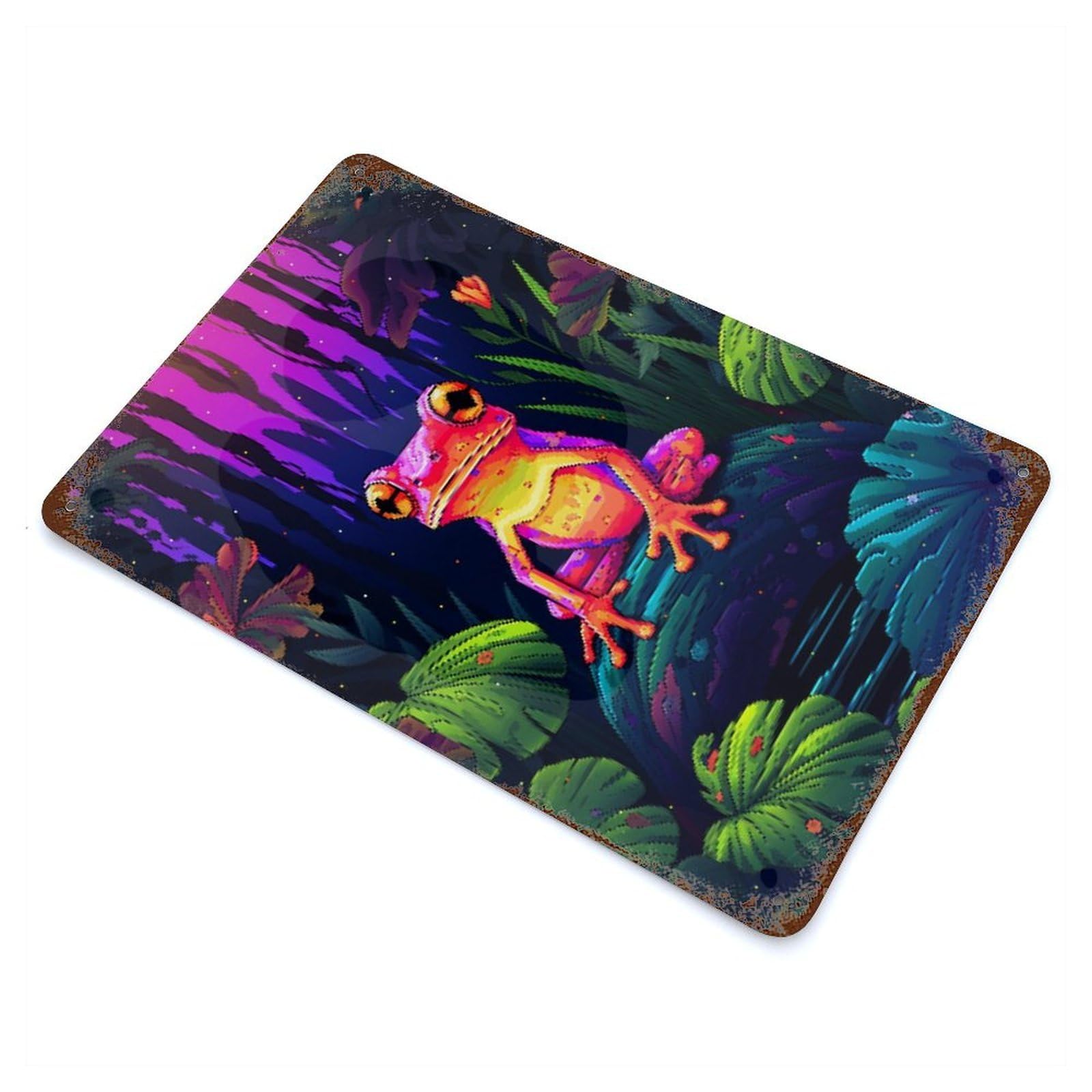 Tropic Pink Frog Pixel Art 11.8"x7.9" Retro Metal Sign, Industrial Home Decor for Basement, Hobby Room And Garage Decor
