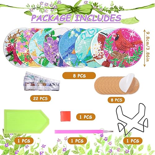Miniatura 2 de Praise V Do Juego de 8 posavasos de pintura de diamante con base de corcho, bricolaje para pájaros, flores, kit de pintura de diamante para