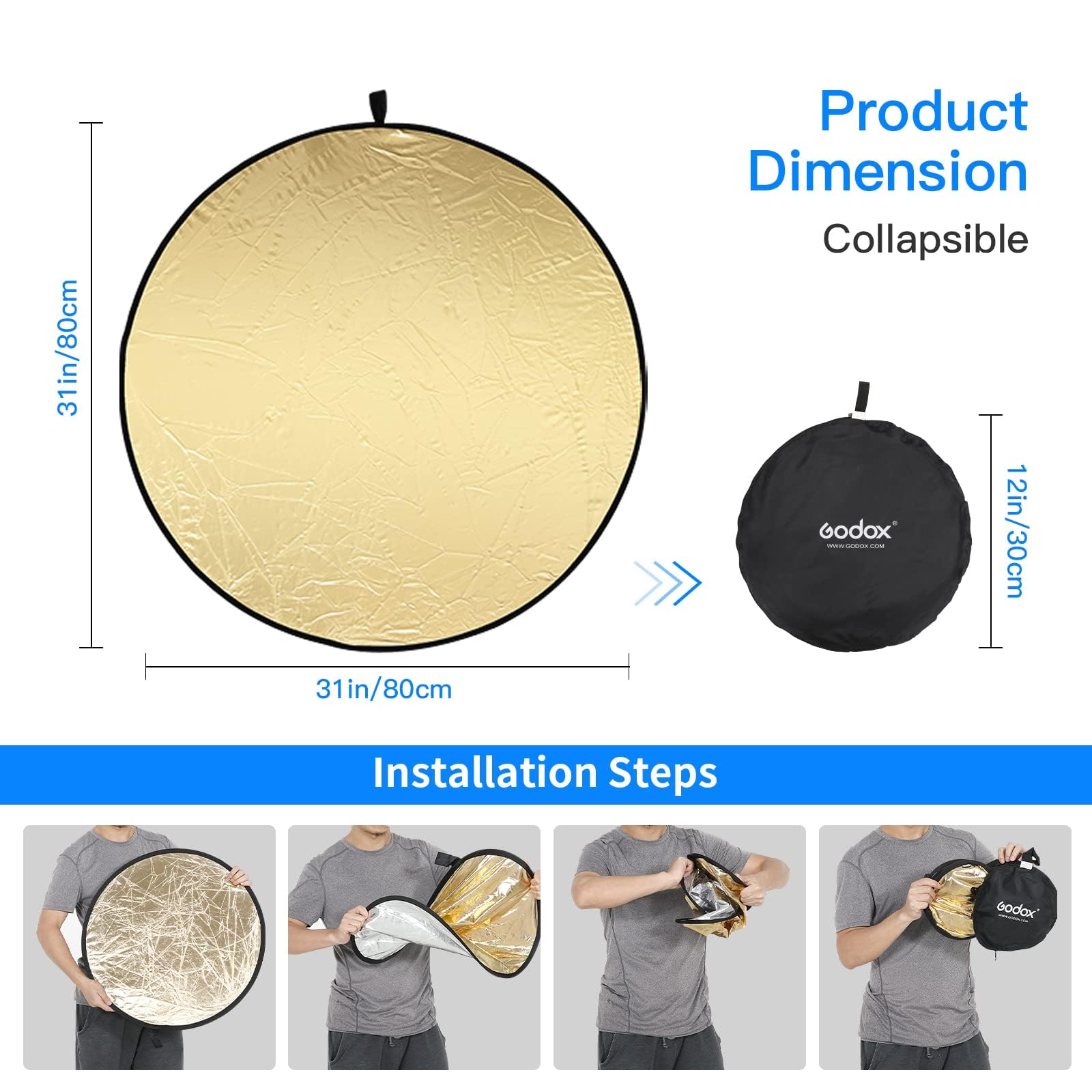 GODOX Riflettori pieghevoli per fotografia con custodia per il trasporto set per fotografia riflettore, diffusore di luce per studio (5in1 80cm)