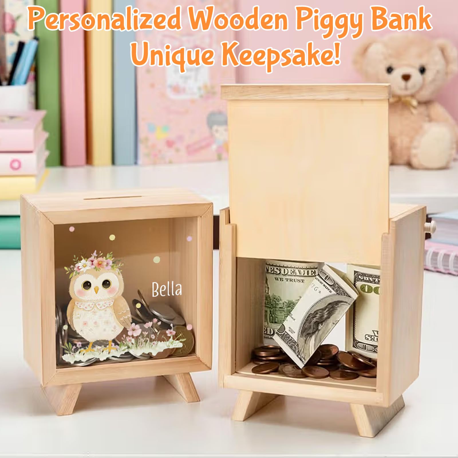 Personalisierte Holz-Sparschwein für Kinder,mit Blumen-Tieren (Hase, Bär),durchsichtige Box mit Name,Deko fürs Kinderzimmer,Geschenke zum 1.Geburtstag,Baby-Shower,Weihnachten,Ostern für Mädchen