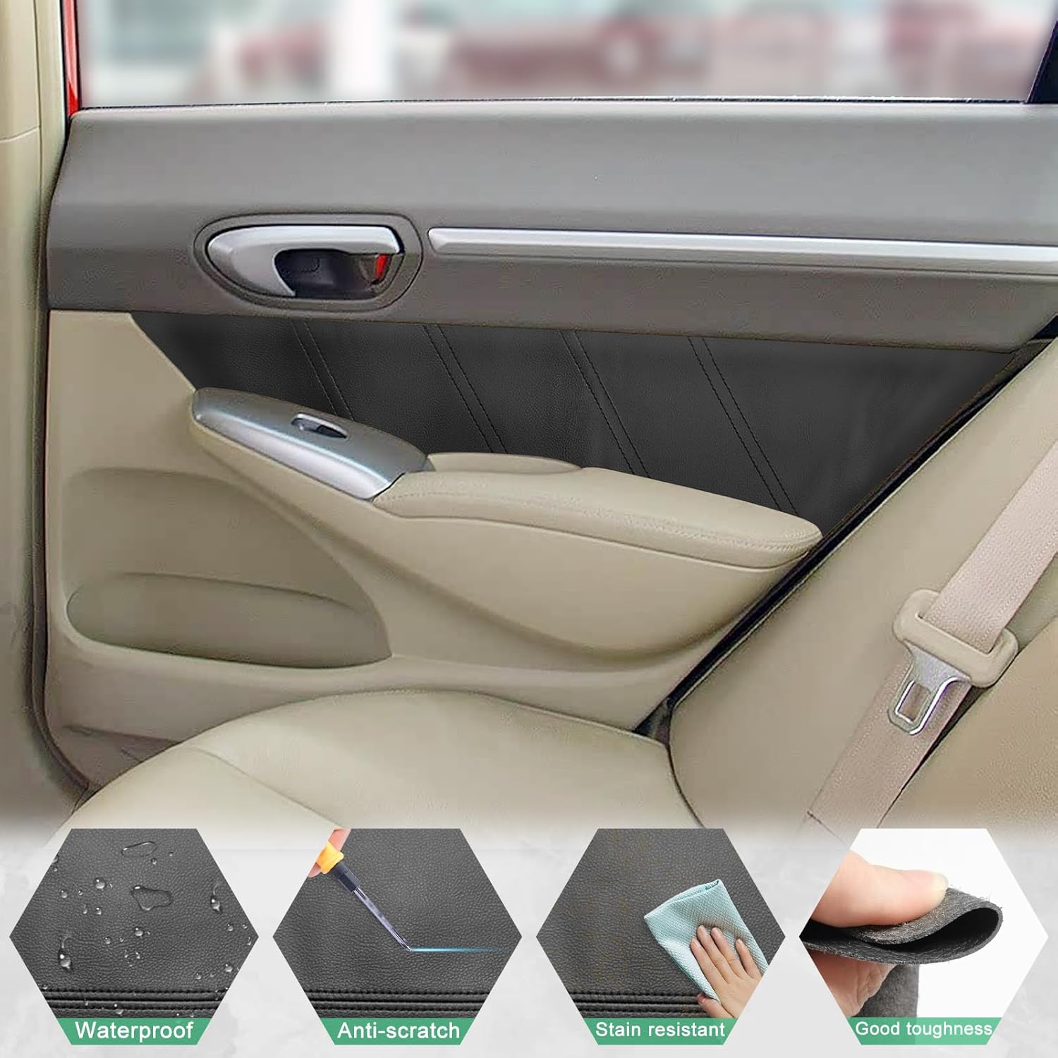 4PCS Door Panel Cover Compatible with Honda Civic 2004-2009 Front and Back Vinyl Leather Insert Cards Protector Trim Black (Only Leather Part)