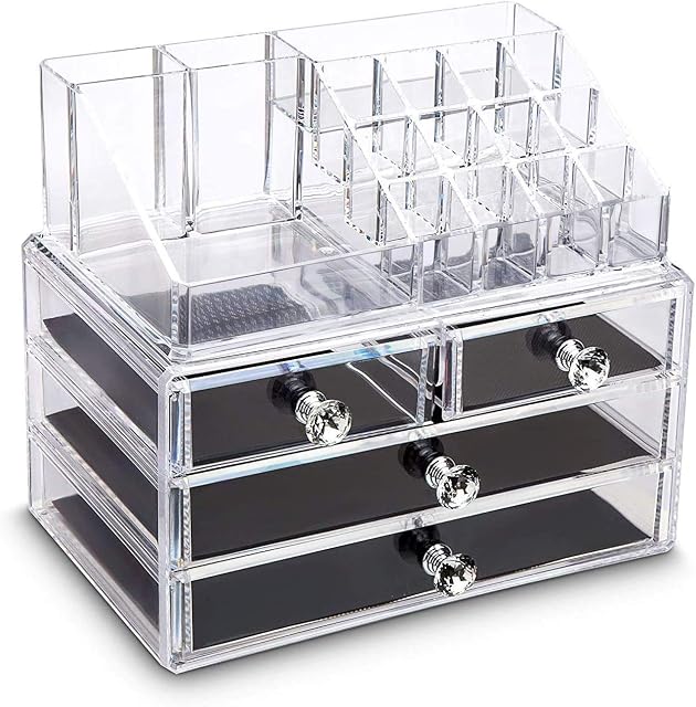 iPEGTOP Acrylic Clear Make Up Organiser Cosmetic Storage Box Display Makeup Case, 20 Sections with 4 Drawers, Diamond Drawer Handle