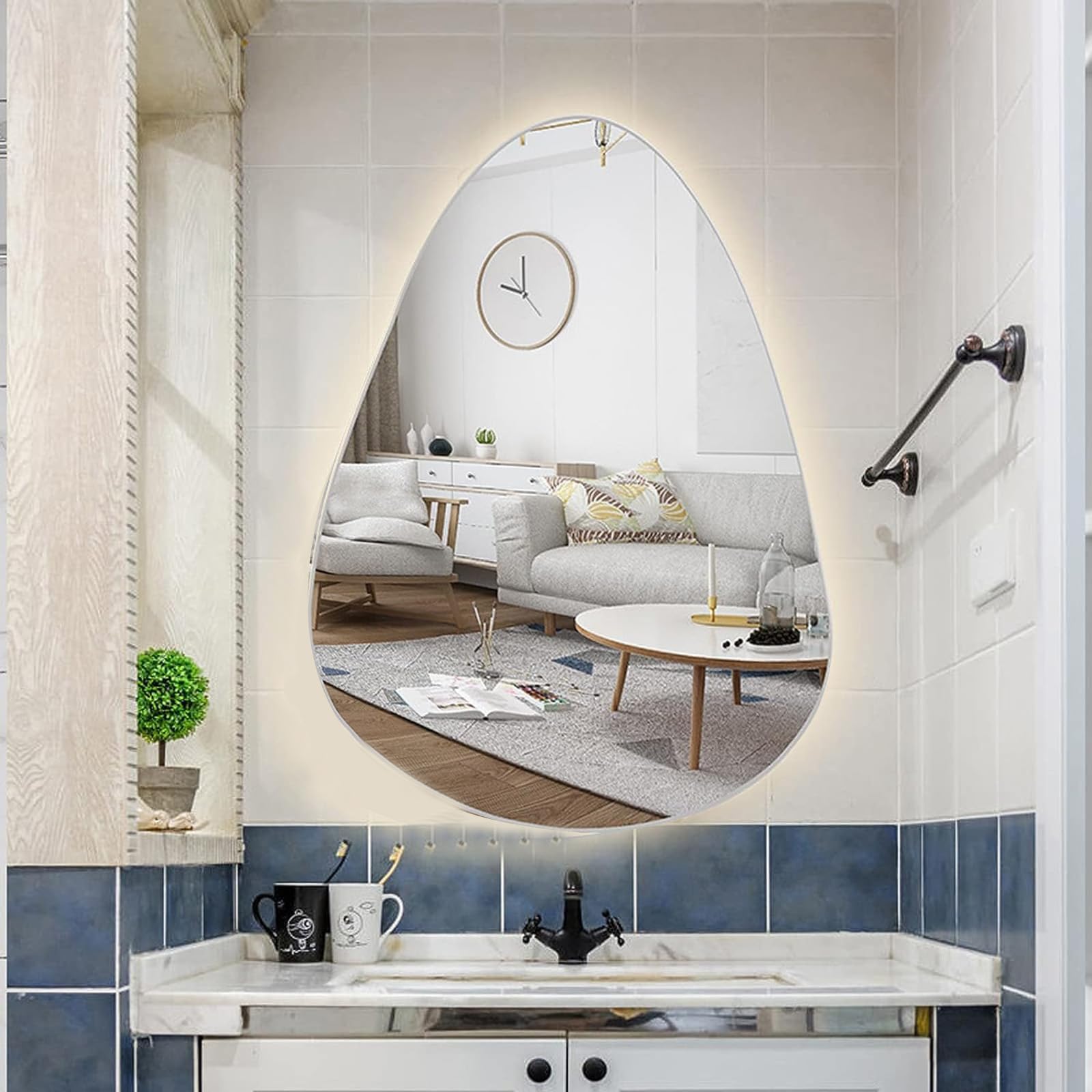 LED Water drop shape Bathroom Mirror With Motion Sensor, Smart Mirror Illuminated Dresser Vanity Mirror, Adjustable 3 Color Vanity Mirror 60 * 80