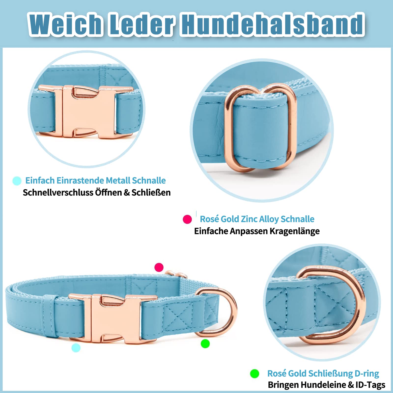 Soft Leather Dog Collar and Lead Set, Stylish Rose Gold Dog Lead and Collar Set including Heavy Duty Metal Buckle - Image 2