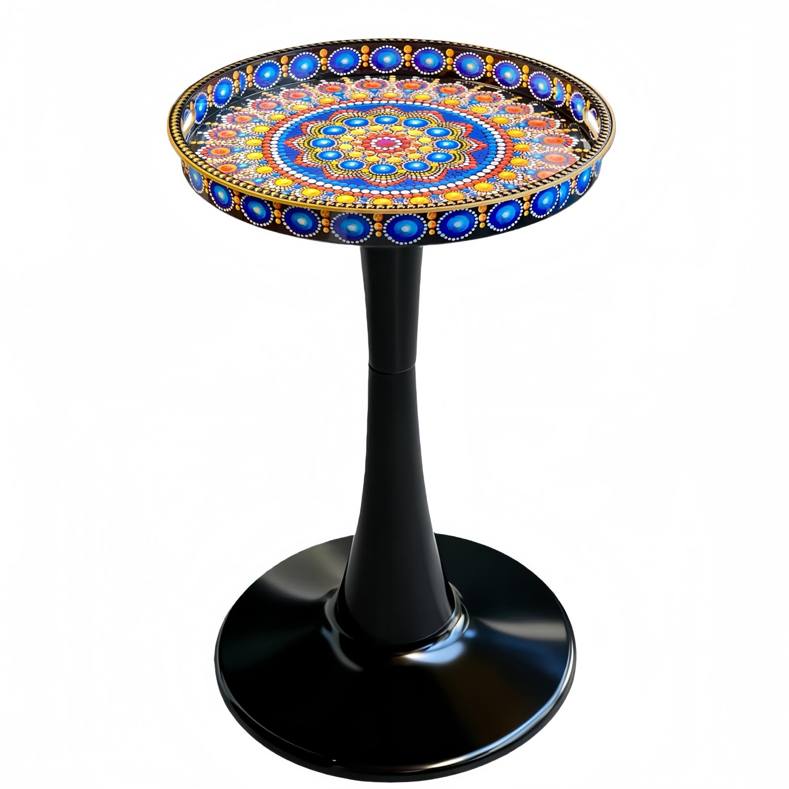 Simmer Stone Chic Round Side Table - 13" Artistic Patterned Drink Table with Glossy Tray Top, Unique Hourglass Pedestal Base, Durable Plastic End Table & Living Room, Bedroom (Peacock)