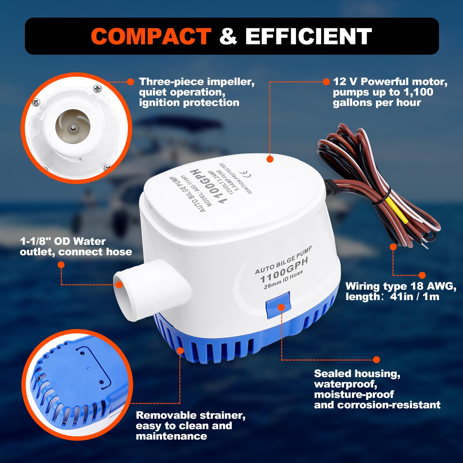 Bomba automática de agua de sentina para barco, 1100 GPH, 12 V, 1-1/8 pulgadas de diámetro, kit de fontanería con manguera de 6 pies, 2 abrazaderas, montaje a través del casco, ideal para barcos de