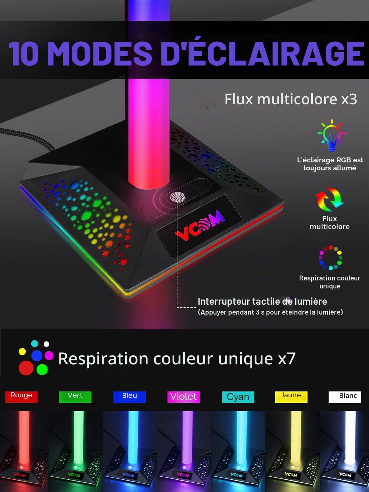 VCOM Support Casque Gamer, RGB Porte Casque avec 10 Modes d'éclairage, Support Manette avec 3 Ports USB pour Gamer, Xbox, PS5 Accessoires de Casque