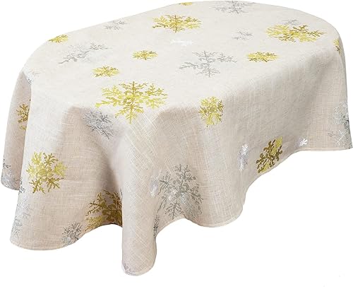 Grelucgo Mantel de comedor bordado de copos de nieve plateados y dorados de Navidad (redondo de 68 pulgadas)
