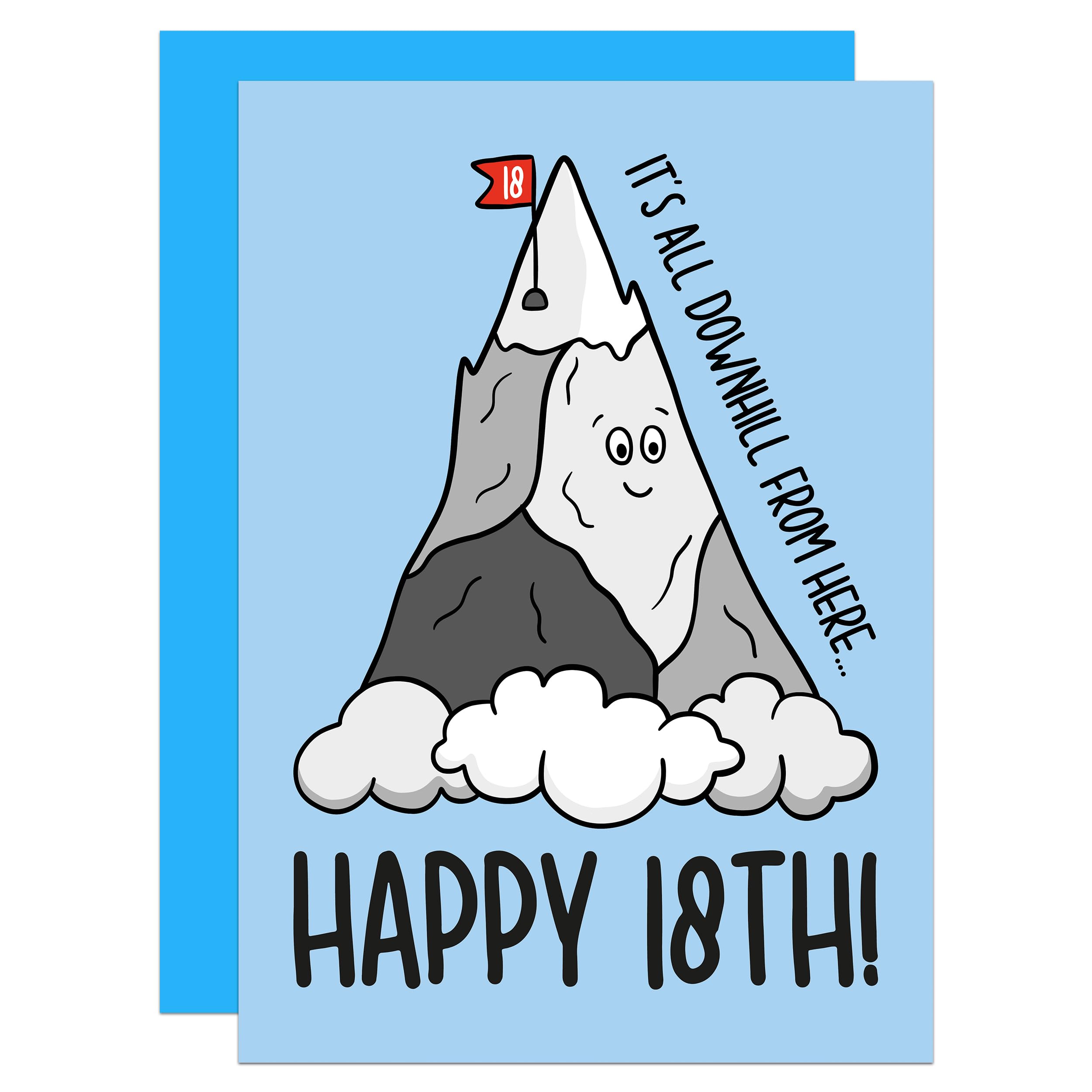 Funny 18th Birthday Card, Eighteenth Birthday, All Downhill Card, Birthday Age Card, Milestone Birthday Card, For Son, For Daughter, All Downhill Milestone Birthday A6 Card (18th)