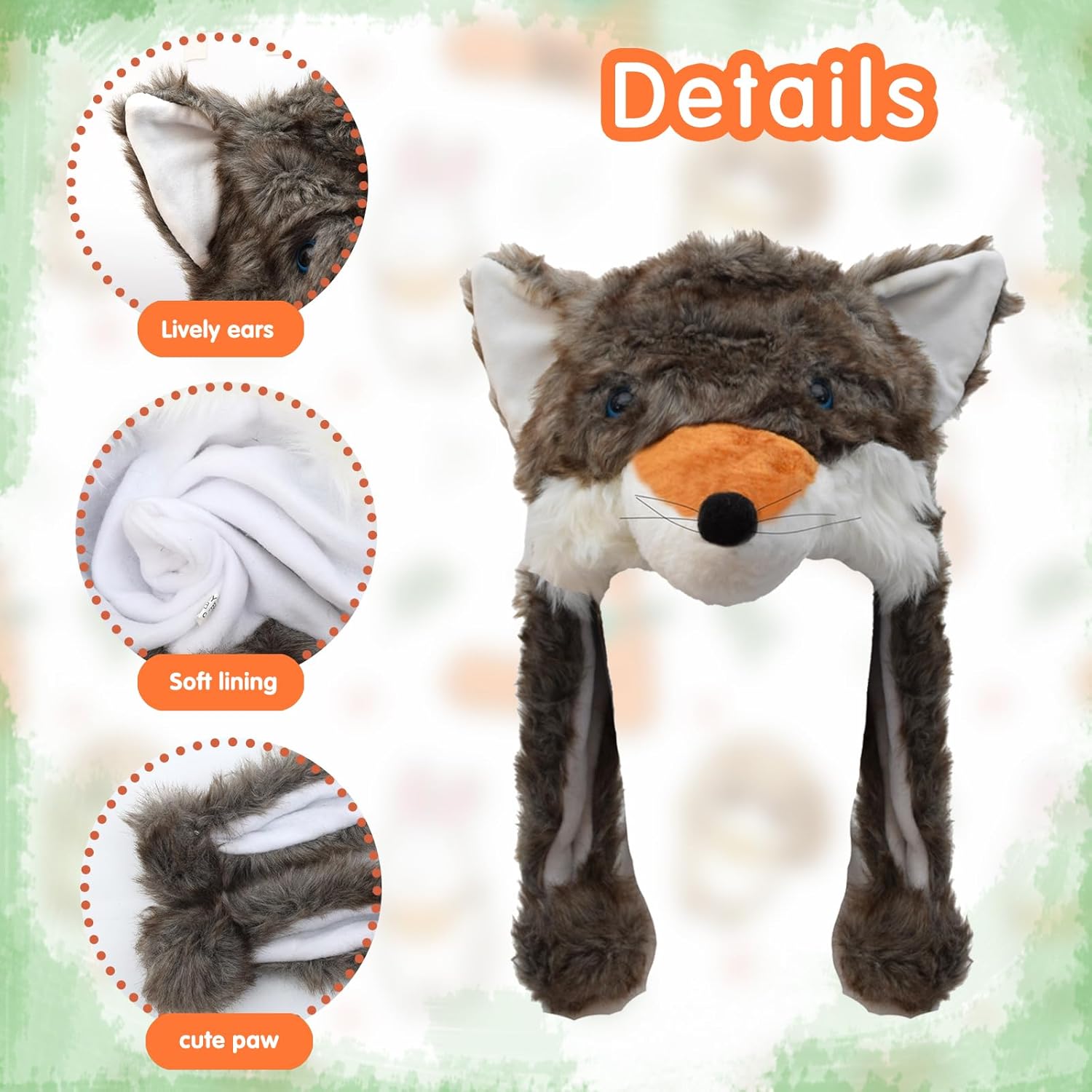 2 Pack Animal Hat Fox and Raccoon Plush Fun Jungle Animal Hats One Size Cap Polyester With Fleece Lining - Image 3