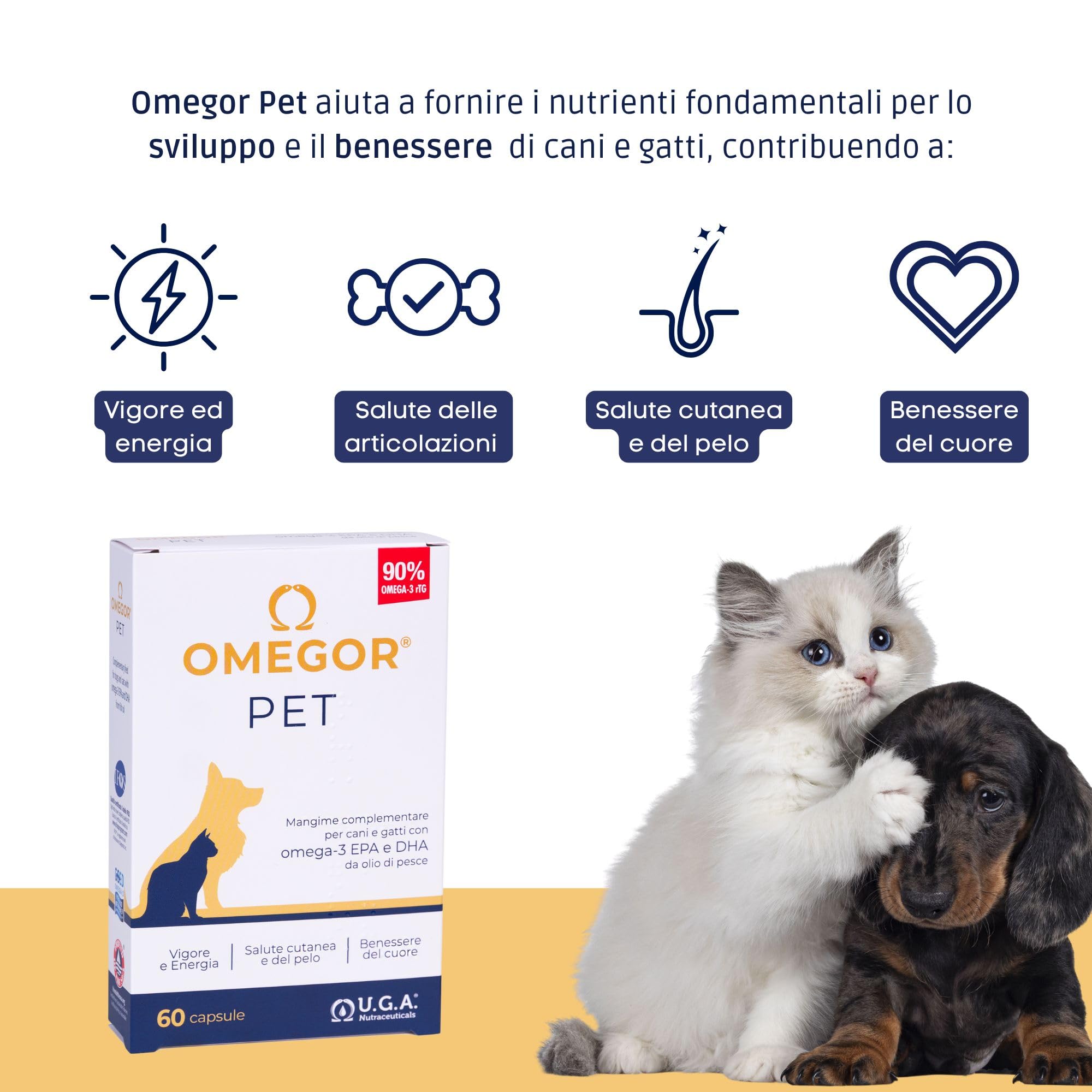 OMEGOR Pet Omega 3 per Cani e Gatti con EPA e DHA da Olio di Pesce Purificato - 60 Capsule di Omega3 IFOS Certificato per la Salute del Pelo e delle Articolazioni del tuo Pet