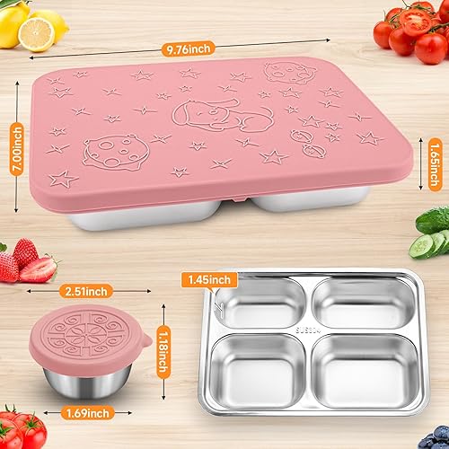 Miniatura 3 de Caja Bento de acero inoxidable con 2 tazas de salsa, 4 compartimentos de alta calidad, lonchera de metal para niños o adultos (rosa)