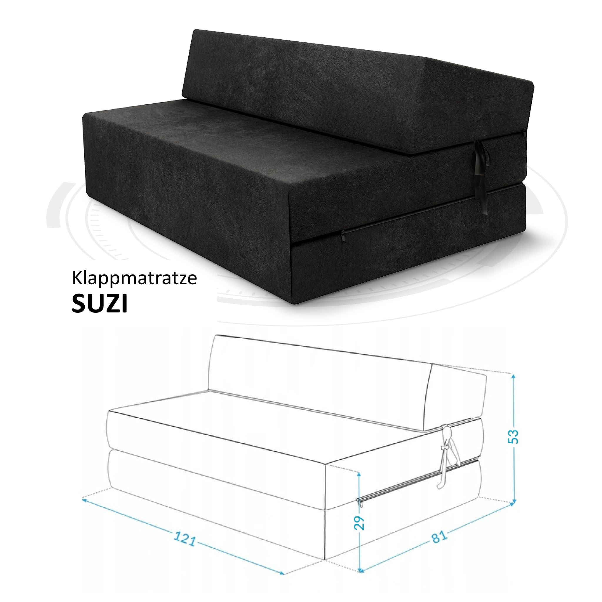 FDM Składany materac SUZI MAXI 120 x 200 cm, materac z zimnej pianki, wysokość 14 cm, stopień twardości H3, Öko-Tex, nadaje się dla alergików, poszewka Trinity, nadaje się do prania, kolor czarny