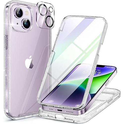 Miracase Glass Series Designed for iPhone 14 Case 6.1 inch, 2023 Upgrade Full-Body Clear Bumper Case with Built-in 9H Tempered Glass Screen Protector and Camera Lens Protector,Clear Glitter