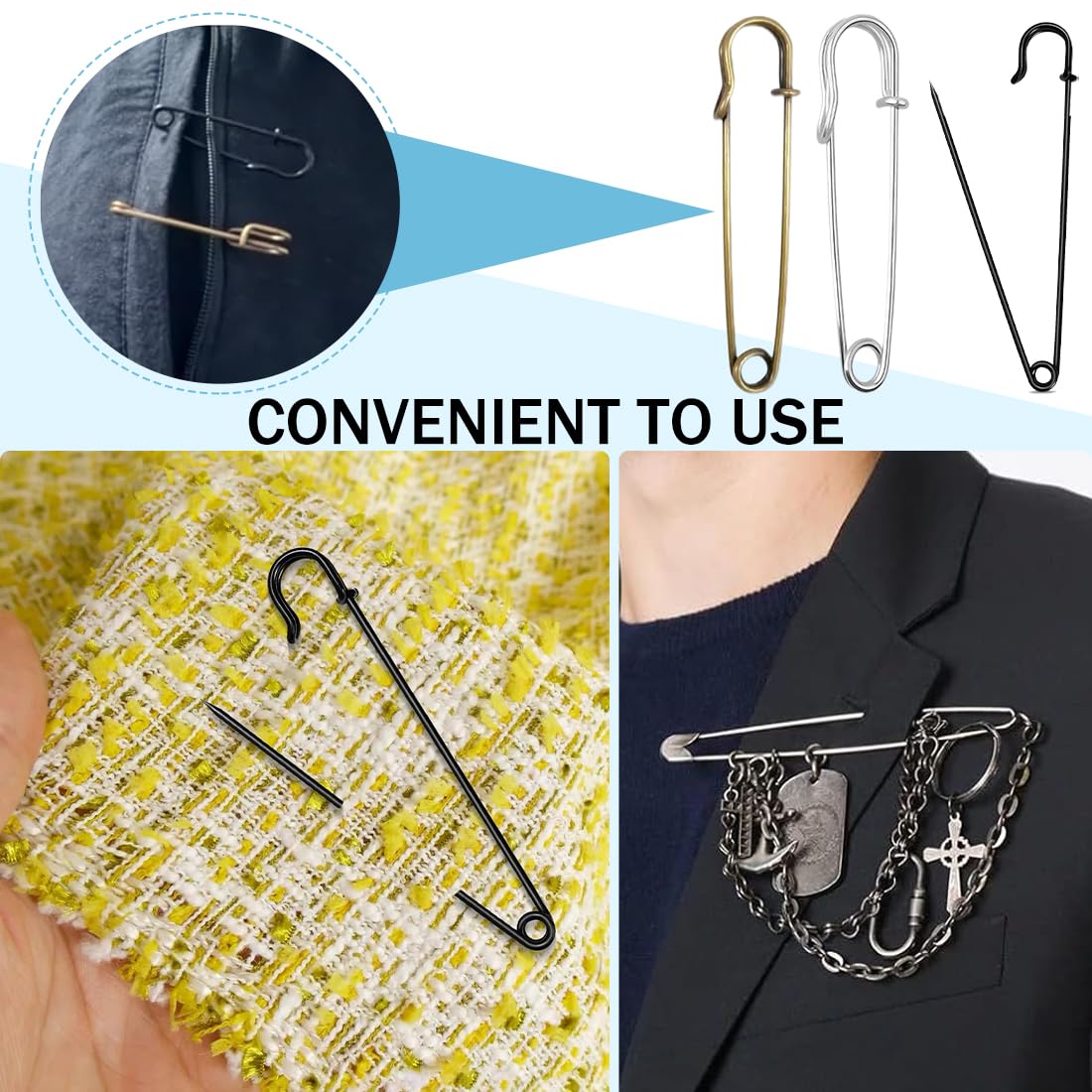 10 Spille Da Balia Grandi In Acciaio Inox – 7,6 Cm – Extra Large, Robust, Antiruggine, Per Vestiti, Pelle, Tela, Coperte, Artigianato, Kilt (Argento) - copertina