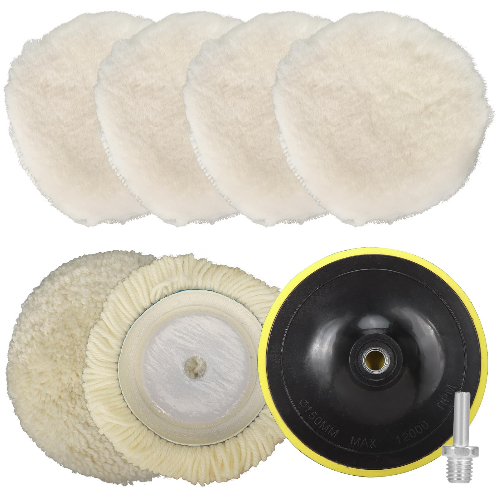 Baisiky 8PCS 6 Inch Wool Polishing Buffing Pad, Polishing Buffing Wheel with Hook and Loop Back for Drill Buffer Attachment with M14 Drill Adapter Car