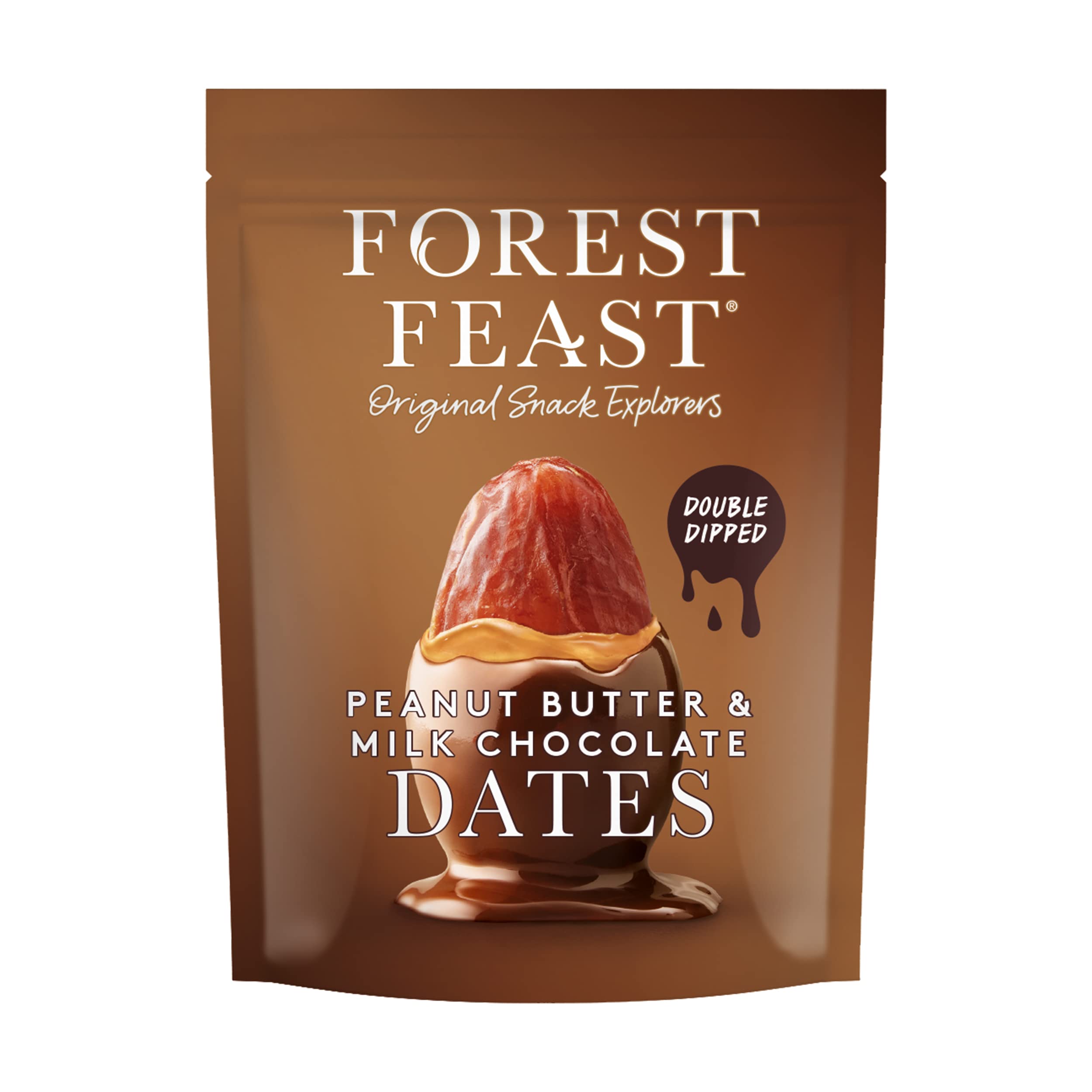 FOREST FEAST Daktyle z masła orzechowego i czekolady mlecznej 6 x 140 g | Podwójne daktyle nour w belgijskiej czekoladzie mlecznej, daktyle z masłem orzechowym, czekoladą owocową z czekoladą