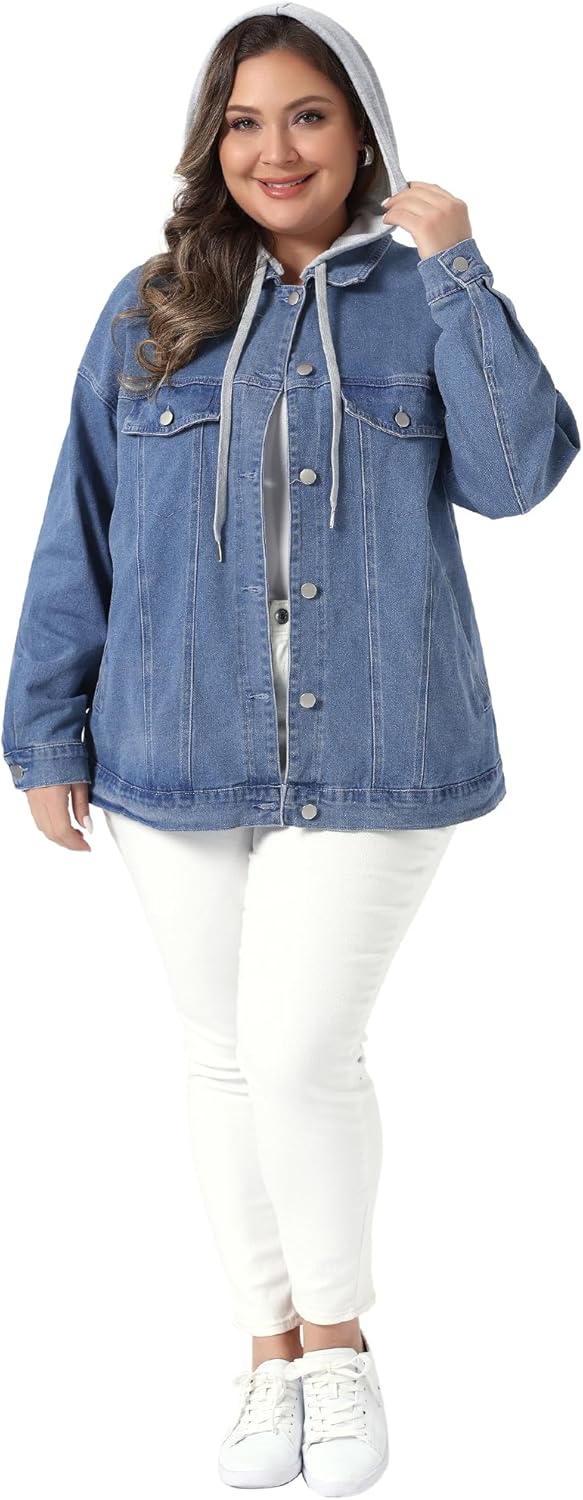 Agnes Orinda Women's Plus Size Denim Jacket with Detachable Hood Oversized Jean Shacket Jackets with Pockets