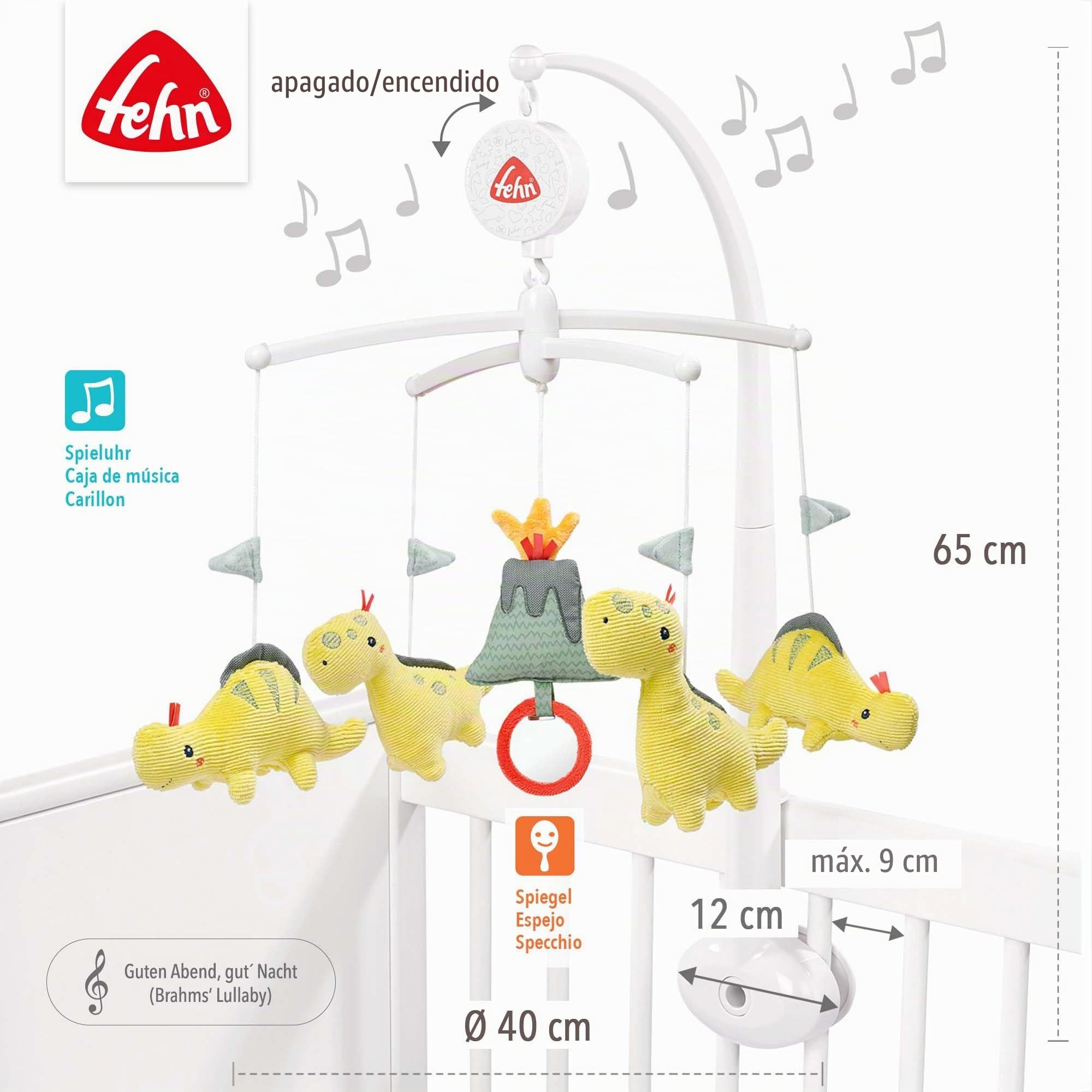 Fehn Music Móvil Happy Dino, Juguete musical para ayudar a dormir con animales, Caja de música móvil melodía "Canción de cuna de Brahms", móvil musical para bebés de 0 a 5 meses